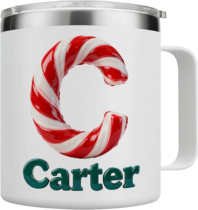 Personalized Christmas Insulated Coffee Mug with Handle – Custom Candy Cane Double Wall Stainless Steel Travel Tumbler for Drinks – Unique Holiday Gift for Men, Women, & Kids (B112) - Bloomnest