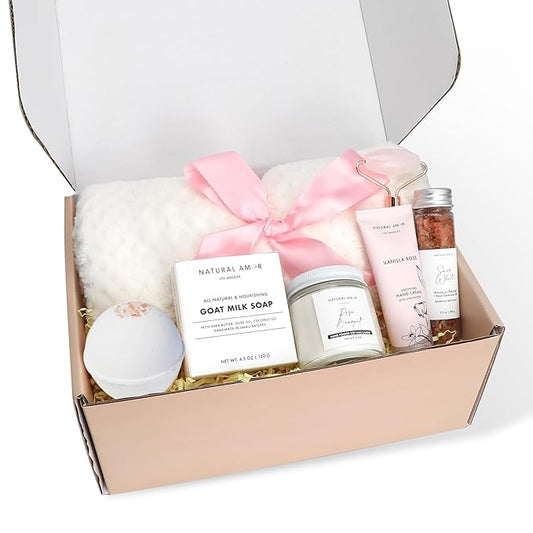 Natural Amor Spa Gift Set with Blanket 7 PCs– Handmade Bath & Body Self-Care Box – Includes Bath Bomb, Candle, Soap, Hand Cream – Perfect for Relaxation & Gifting - Bloomnest