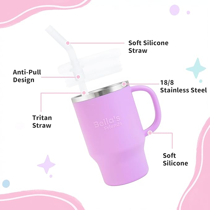 Bella's Friends Handy Mini Tumbler – Adorable 9 oz Toddler Sippy Cup, Stainless Interior & Silicone Body, Leak‑Proof, Dishwasher Safe, Gift for 1-3 Years Old Girls & Boys, 2 Pack, Lilac&Azure Blue - Bloomnest