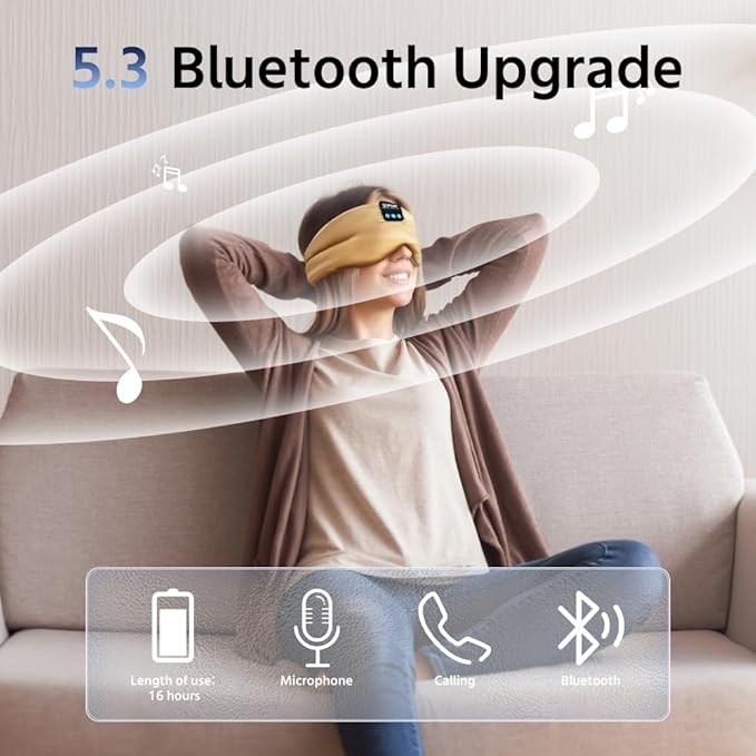 Sleep Mask Bluetooth 5.4 Headphones Soft Wireless Headband Eye Mask Blackout with Microphone (Gold) - Bloomnest