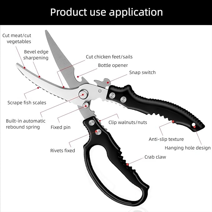 Kitchen Scissors Stainless Steel Shear, Safety Lock, Sharp Heavy Duty Poultry Shears for Food, Chicken Bones, Turkey, Dishwasher Safe, 9.33 Inch, Black - Bloomnest