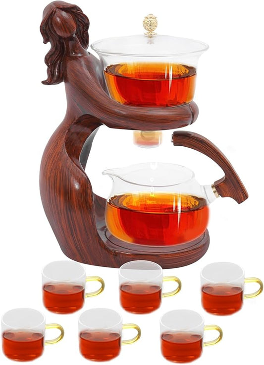 Semi Automatic Glass Teapot Set with 6 Small Cups, Magnetic Teapot with Infuser Tea Maker Machine for Homes, Offices, Gatherings (Red Brown)