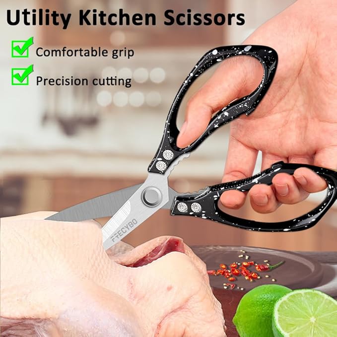 Heavy Duty Food Shears, Multi-Purpose Kitchen Scissors with Sharp Blades, 2-Pack Stainless Steel Food Shears for Kitchen, Poultry, Meat, Fish,Bone (Black) - Bloomnest