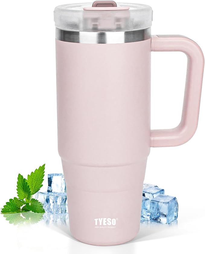 Tyeso 40 oz Tumbler with Handle, Straw and Lid - Leak Resistant Insulated Stainless Steel Water Bottle, Car Cup Holder Friendly Travel Coffee Mug Pink - Gifts for Men & Women - Bloomnest