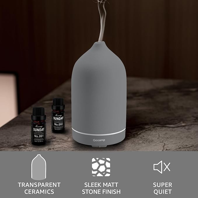 200ML Ceramic Essential Oil Diffuser - Ultrasonic Aromatherapy & Humidifier with 7-Color LED Lights, Auto Shut-Off, Grey, 1H/3H/6H Timer | Scent for Home,Office,Yoga - Bloomnest