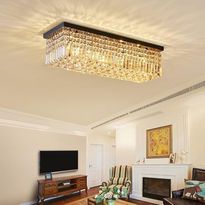 Saint Mossi 22010 5-Lights Modern K9 Crystal Chandelier, Island Design, Flush Mount Ceiling Light, H9 x W10 x L31, Clear Crystal & Pearl Black Finish - Bloomnest