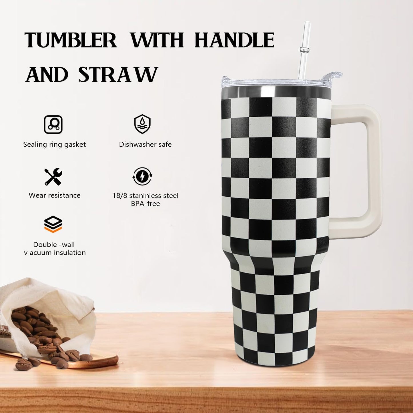 Ceovfoi Black and white Checkered Tumbler with Handle Lid and Straw,40 Oz Checkered Tumbler Water Bottle Travel Coffee Cup Mug,Checkered Gifts for Women Men