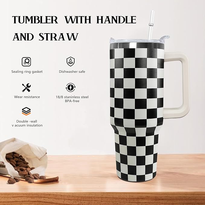 Ceovfoi Black and white Checkered Tumbler with Handle Lid and Straw,40 Oz Checkered Tumbler Water Bottle Travel Coffee Cup Mug,Checkered Gifts for Women Men - Bloomnest