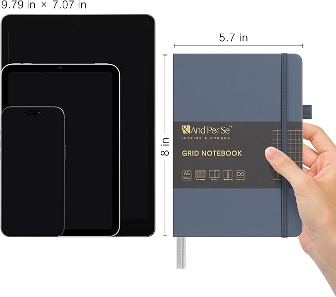 &And Per Se Graph Journal Notebook, 160 Pages, A5 5.7 x 8 inches 100 gsm Thick Paper Notebook Journals for Writing, Grid Hardcover Notebook(1 Pack, Dark Blue)