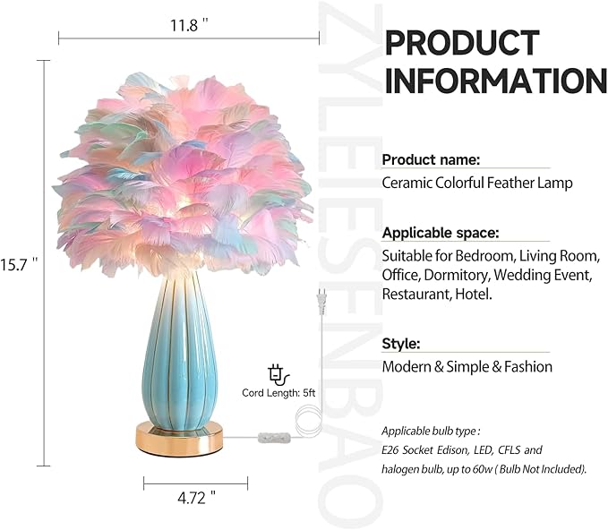 Colorful Feather Lamp Modern Fuzzy Table Lamp Romantic Rainbow Bedside Lamp Nordic Fluffy Princess Nightstand Light for Girl Bedroom Living Room Entry Office Wedding Decor Christmas Gift - Bloomnest