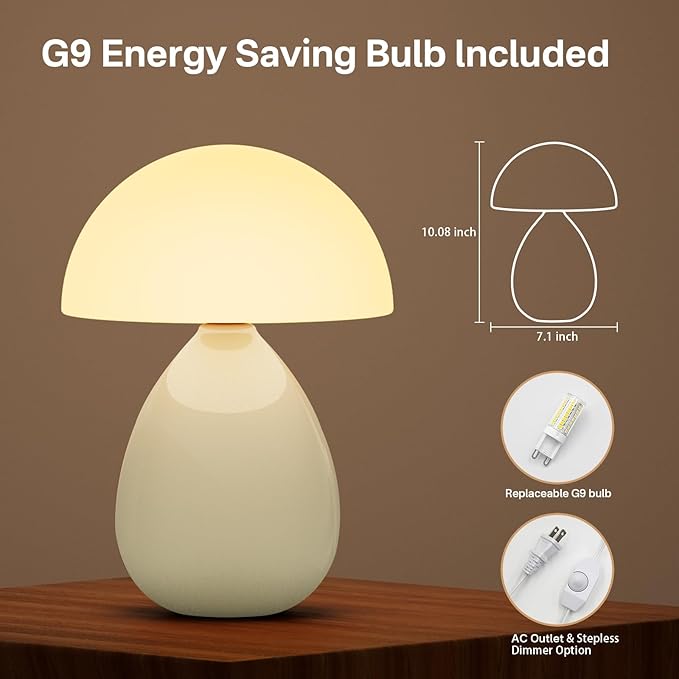 Mushroom Lamp Table Lamp for Bedroom,Desk Lamp Bedside Small Lamps for Living Room Night Stands,Table Lamps Cute Modern Mid Century Lamps,Unique Ice Crackle Ceramic Living Room Decor(Cream) - Bloomnest