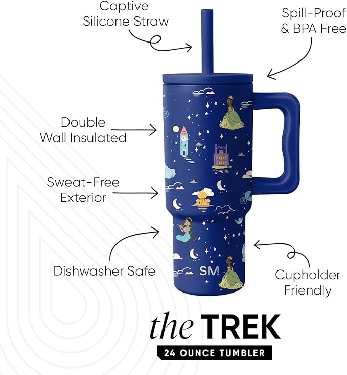 Simple Modern Disney Kids 24 oz Tumbler with Handle and Silicone Straw Lid | Spill Proof and Leak Resistant | Stainless Steel Bottle | Gift for Kids Boys Girls | Trek Collection | Princess Dreams - Bloomnest
