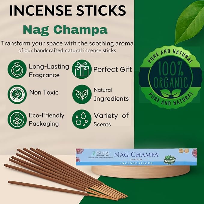 Bless-Nag-Champa 100%-Natural-Handmade-Hand-Dipped-Incense-Sticks Organic-Chemicals-Charcoal-Free Purification-Relaxation-Positivity-Yoga-Meditation Best-Woods-Scent (100 Sticks (5.25 OZ)) BlessInternational