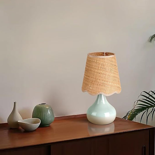 Light Blue Boho Small Table Lamp for Small Spaces, Small Rattan Shade Bedside Lamp for Bedroom, Cute Nightstand Light for Bedside, Kitchen Counter, Bookshelf Lamp, Home Office, Living Room, Dorm - Bloomnest
