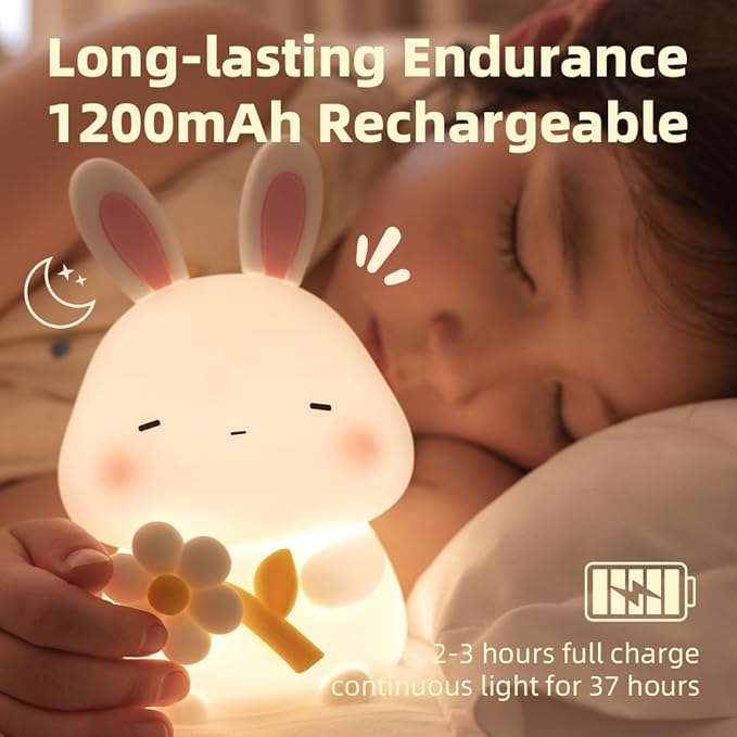 Bunny Night Light for Kids, Cute Rabbit Soft Silicone Lamp, Baby Nursery Nightlight, Touch Dimmable, 1200mah Battery, Kawaii Stuff Home Decor, Christmas Holiday Gift for Girl,Boy,Toddler - Bloomnest