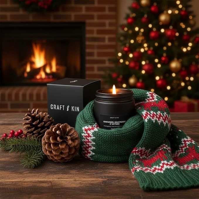 Craft & Kin Premium Oakwood, Mahogany & Vetiver Candle | Black Christmas Scented Candles for Men | Long Lasting with 45 Hour Burn Time, 7.6oz | Soy Holiday Candles | Aromatherapy at Home - Bloomnest