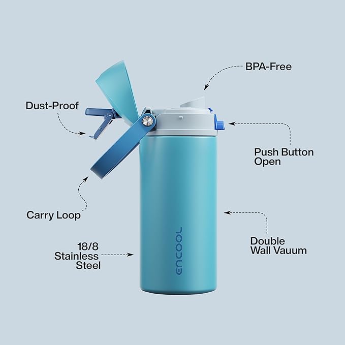 Insulated Water Bottle with Straw - Encool Stainless Steel Water Bottle with Push Button Lid, Leak-Proof & BPA-Free, Keeps Cold for 24 Hours for Sports, Travel, Gym (18 oz, Silk Blue) ENCOOL