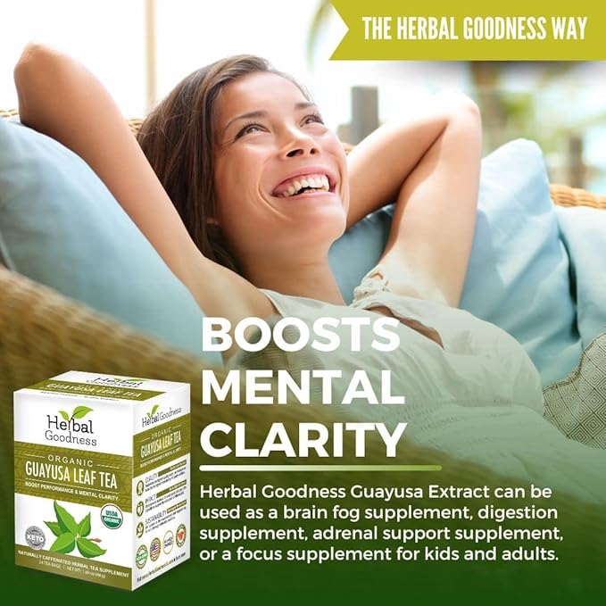 Herbal Goodness Organic Guayusa Leaf Tea Bags – Natural Energy Tea with Antioxidants & Smooth Caffeine | Smooth Focus | 24 Eco-Friendly Teabags – Caffeine Boost Without Jitters - | Yerba Mate Alternative, with Herbal Loose Leaf Tea Benefits - Bloomnest
