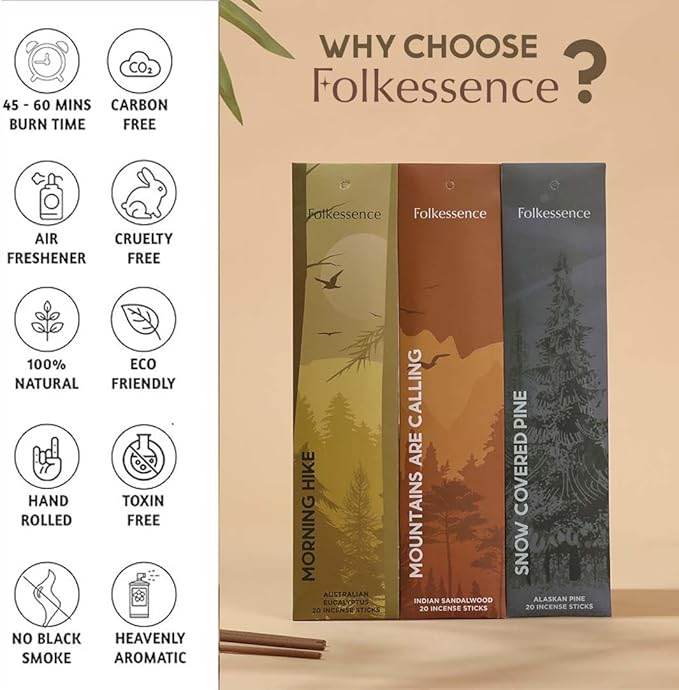 Folkulture Incense Sticks | Set of 6 (120) Insence-Sticks with 45 Mins Burn Time | Non Toxic Sandalwood, Eucalyptus, Cedar, Palo Santo | Organic White Sage Inscents - Bloomnest