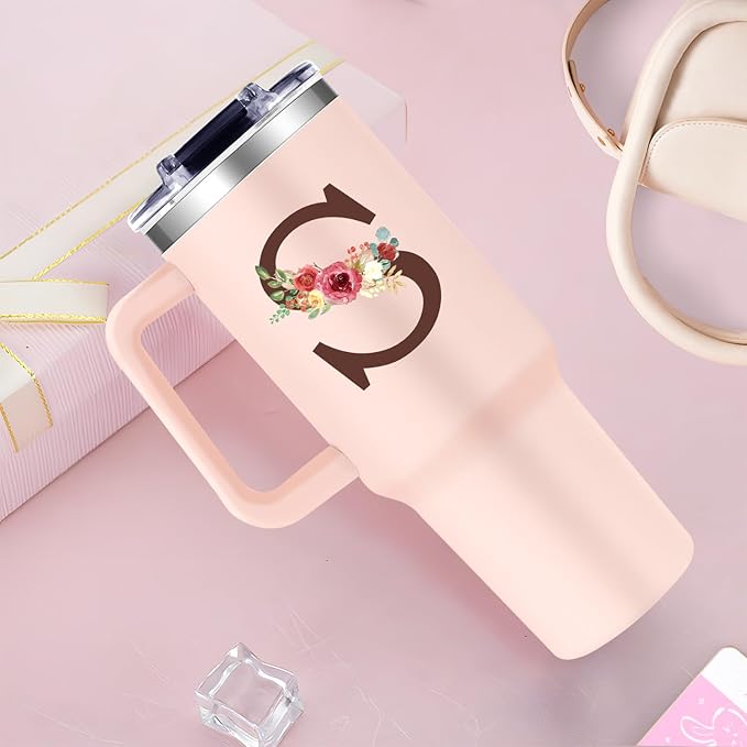 Monogrammed 40oz Tumbler with Handle for Women, Personalized Birthday Gifts for Women,Initial Cups for Woman Floral Letter S,Customized Gifts for Female Lady Gift for Mothers Day Christmas - Bloomnest