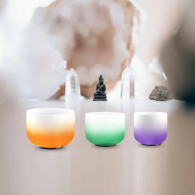 7-11 Inch Set of 3 Gradient Design Quartz Crystal Singing Bowl Chakra Set with Free Carrying Case and Suede Sticker & O-ring - Bloomnest