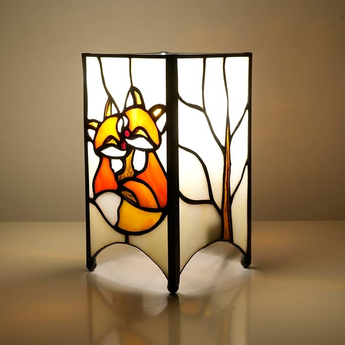 Tiffany Lamp Orange Stained Glass Table Lamp Small Foxes Animal Night Light Mini Retro Bedside Table Light for Home Decor Boys Girls Christmas Halloween Gifts - Bloomnest