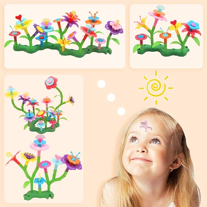 VERTOY Gifts for 3 4 5 6 Year Old Girls, Flower Garden Building Toys Set for Toddlers, STEM Preschool Activities and Gardening Pretend Playset, Stacking Game for Age 3+ Little Kids - Bloomnest