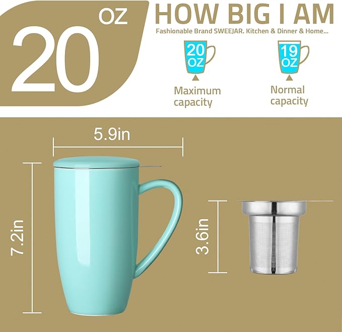 Sweejar Porcelain Tea Infuser Mug with Lid, 20 oz Teacup with Strainers for Loose Leaf Tea, Microwave and Dishwasher Safe Coffee Mug(Purple) - Bloomnest