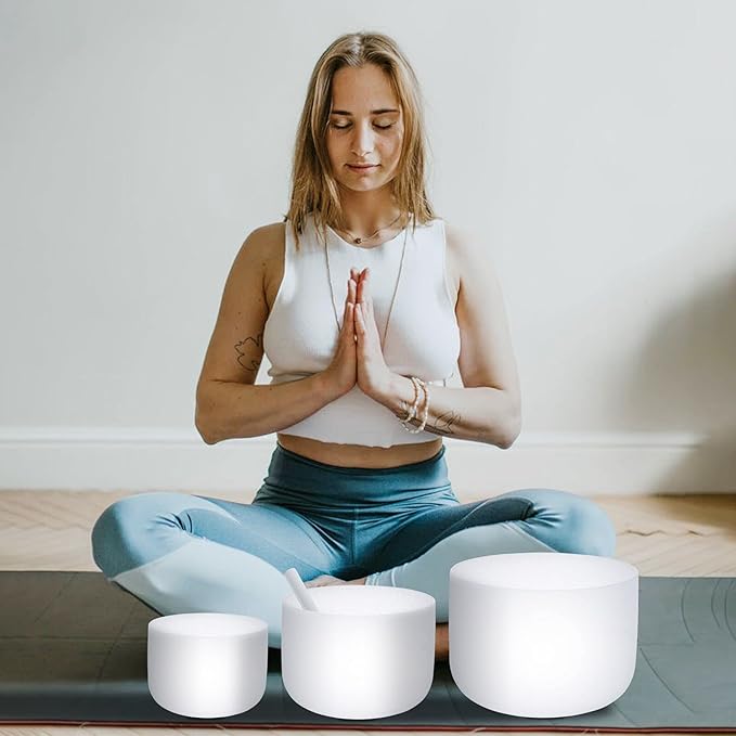 SOLSHINE 3PCS 8inch 10inch 12inch Crystal Singing Bowl Set 432Hz,Ｃ F B Chakra Tuned with Sounds Bowl Mallet Suede Strikers and O-rings, Carry Bag for Meditation, Yoga, Spiritual, Body Healing - Bloomnest