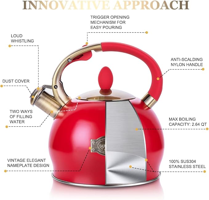 SUSTEAS Stove Top Whistling Tea Kettle - Food Grade Stainless Steel Teakettle Teapot with Cool Touch Ergonomic Handle, With 1 Silicone Pinch Mitt Included, 2.64 Quart(RED) - Bloomnest