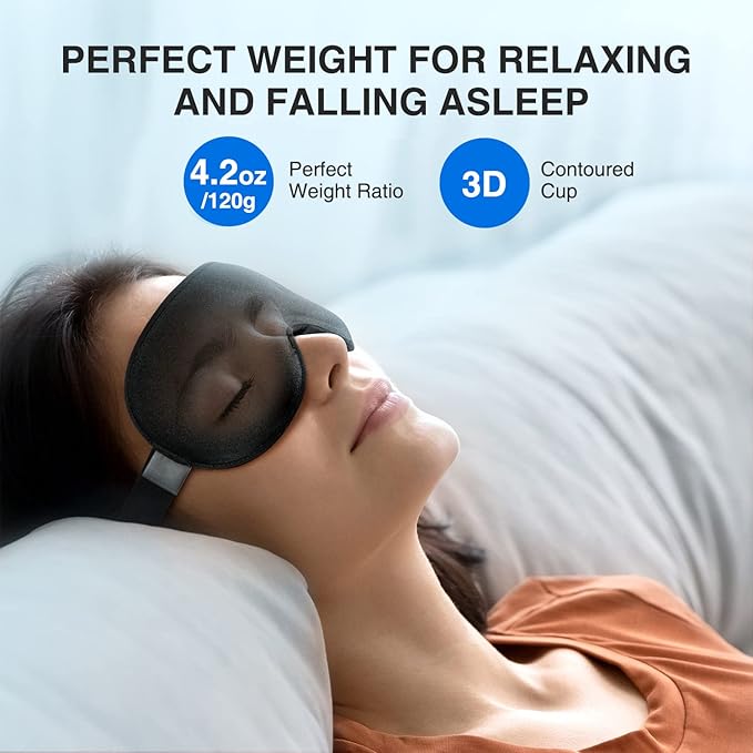 YFONG Weighted Sleep Mask, Women Men 3D Blocking Lights Sleeping Mask (4.2oz/120g), Pressure Relief Night Sleep Eye Mask with Adjustable Strap, Eye Cover Blindfold for Travel Nap Yoga, Black - Bloomnest