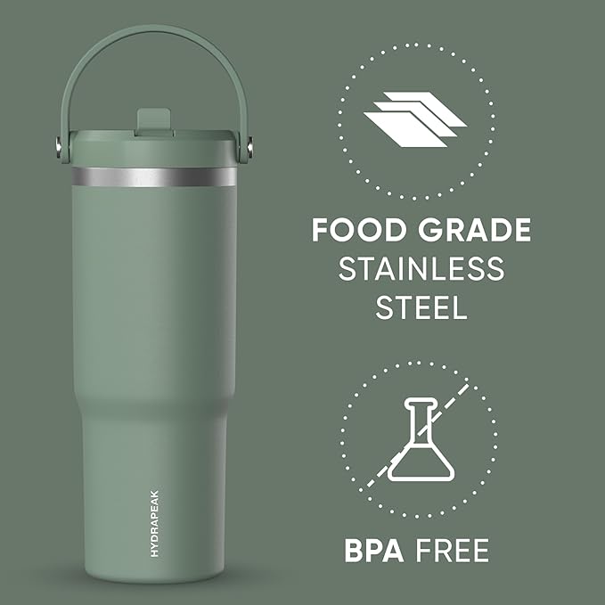 Hydrapeak Nomad 32 oz Tumbler with Handle and Straw Lid, Leakproof, Double Insulated, 32oz Cup, Stainless Steel | Sage Leaf - Bloomnest