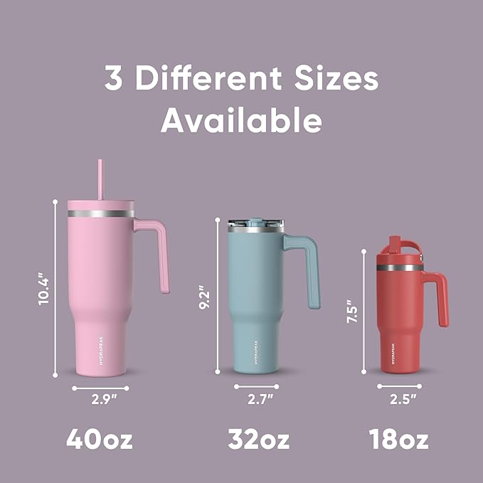 Hydrapeak Voyager 40 Oz Stainless Steel Tumbler with Handle, Insulated Water Bottle With Straw & Lid, Cupholder Friendly Reusable Travel Mug (Blush) - Bloomnest