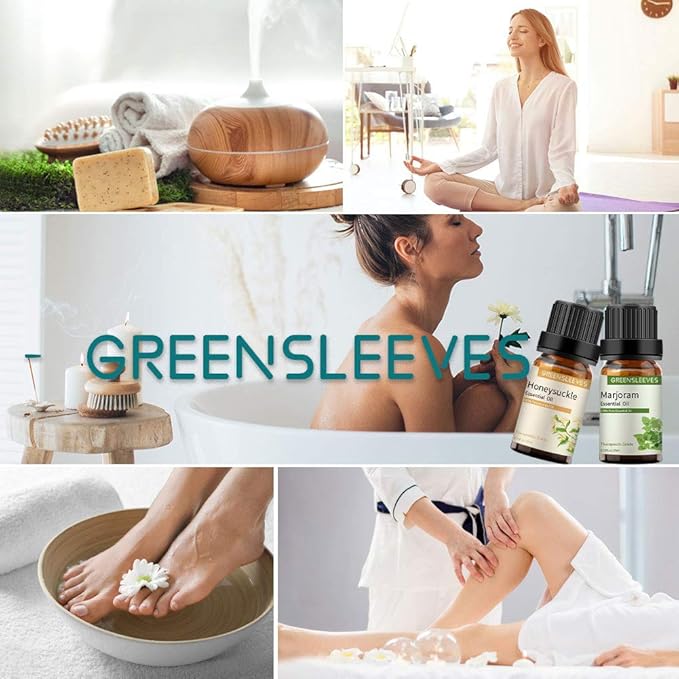 GREENSLEEVES Marjoram Honeysuckle Essential Oil Set, 2 x 10ml Pure Plant-Based Fragrance Oil for Aromatherapy, Essential Oils for Diffuser, Massage, Bath Bomb, Scented Candle Soap Making GREENSLEEVES