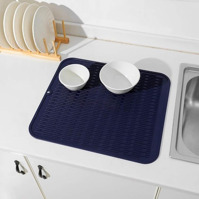 Silicone Dish Drying Mat for Multiple Usage,Easy clean,Eco-friendly,Heat-resistant Silicone Mat for Kitchen Counter or Sink,Refrigerator or Drawer Liner Navy Blue 2XL 24 inches x 18 inches - Bloomnest
