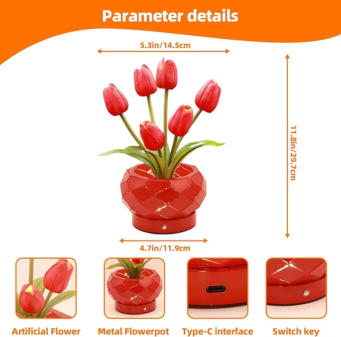 Birthday Gifts for Women,Tulips Flower Touch Lamp,Rechargeable Cordless Lamps 3-Colour Dimming Small Night Light for Festival,Restaurant,Bedroom,Office Home Decor Gifts for Mom - Bloomnest