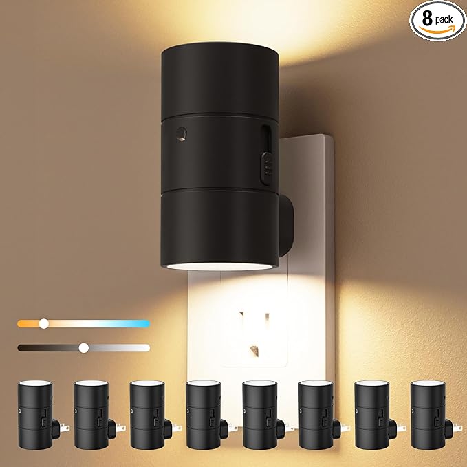 VOLISUN Night Lights Plug into Wall, Dimmable LED Nightlight with Dusk to Dawn Light Sensor, 0-100LM Adjustable Brightness, 3 Color Temperatures, Compact Size Black 8 Pack for Hallway,Bedroom,Bathroom - Bloomnest
