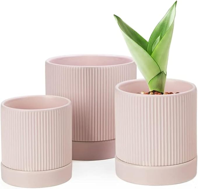 LaDoVita 3 Pack Ceramic Plant Pots 6/5/4 inch, Flowerpot for Indoor Plants with Drainage Holes and Tray, Outdoor Garden Planters, Modern Decorative for Home, Pink Vertical Stripes - Bloomnest