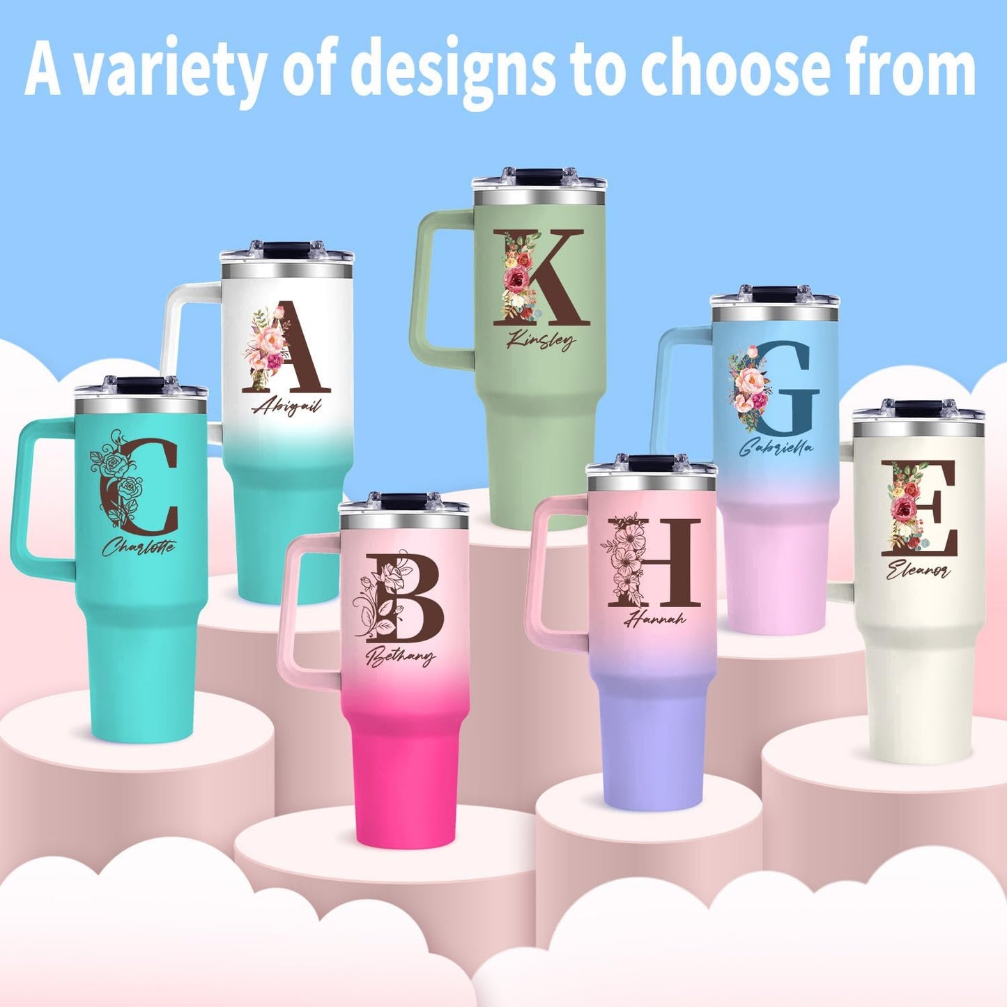 Personalized Gifts for Women - 40oz Customized Initial Floral Tumbler with Name，Monogrammed Flower Cups for Her, Ideal for Birthdays, Mother’s Day, Christmas -Perfect for Office Home Travel,02