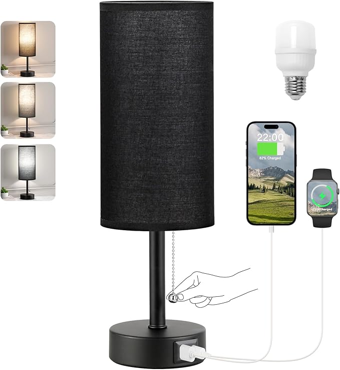 Black Bedside Lamp for Bedroom Nightstand - Small Table Lamp with USB A + C Charging Port, 3 Color Temperatures Pull Chain Night Stand Light with Bulb， Side Table Desk Reading Lamp for Living Room - Bloomnest