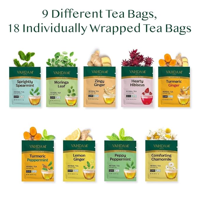 VAHDAM, Assorted Herbal Tea Sampler (18 Tea Bags, 9 Flavors) Caffeine-Free, Non-GMO | Double Infusion, Individually Enveloped Tea Bags | Herbal Tea Assortment - Bloomnest