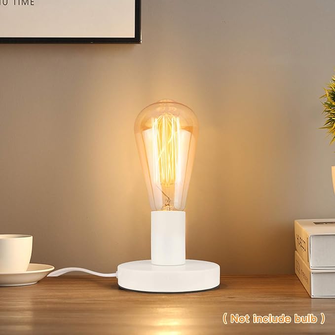 Helunsi Industrial Table Lamp Base - E26/E27 Edison Light Bulb Stand, Exposed Bulb, Simple Metal, 5.8ft Cord Switch Plug, White - Bloomnest