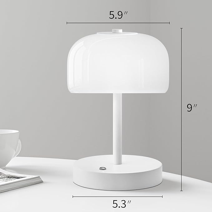 Oneach Portable Cordless Table Lamp, Rechargeable Battery Powered Lamp with Opal Glass Shade, 3-Way Dimmable LED Touch Mushroom Table Lamps for Bedroom, Bedside, Living Room, Dining Room, Patio, White - Bloomnest