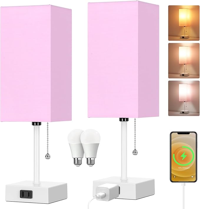15'' Table Lamp for Bedroom set of 2,3-Color Bedside Lamps with Pull Chain Table Lamps for Night stands ,Small Night Light Lamps with 2 Bulbs Lamps for Living Room Kids Room Office Decor（Pink+White） - Bloomnest