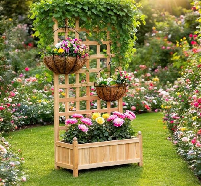 Wooden Raised Garden Planter Box with Trellis, 49.25" Height Flower Shelf Outdoor Plant Stand with Drainage, for Climbing Plants, Vegetables, Herbs, Natural Wood - Bloomnest