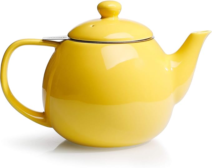 Sweese Teapot, Porcelain Tea Pot with Stainless Steel Infuser, Blooming & Loose Leaf Teapot - 27 ounce, Yellow - Bloomnest