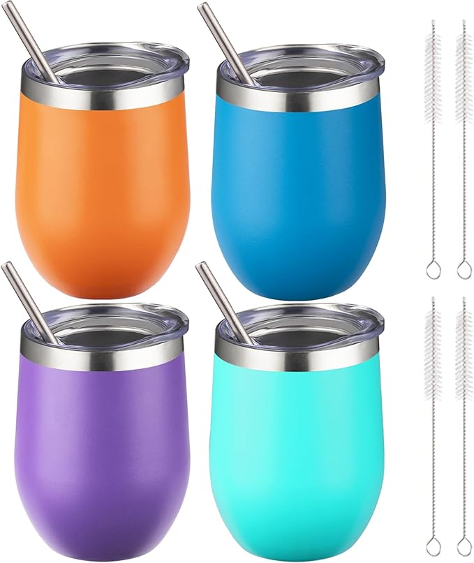 12 oz Insulated Wine Tumbler with Lid and Straw,Stainless Steel Stemless Wine Tumbler Double Wall Vacuum Wine Cups Tumbler Bulk for Coffee,Champaign,Cocktail,Office(Orange/Teal/Purple/Sky blue) - Bloomnest
