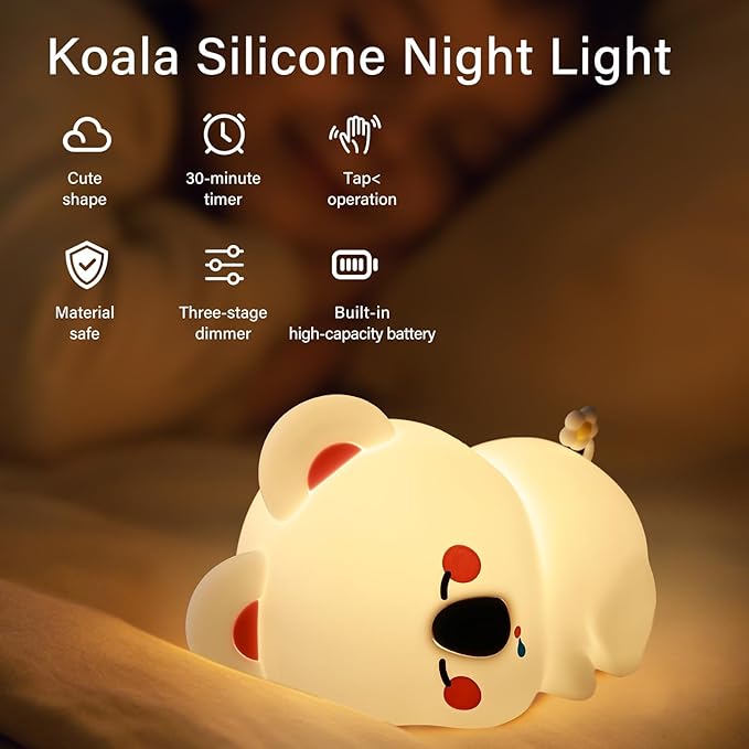 Koala Night Light for Kids Nursery - Cute Silicone Animal Baby Light with 3-Level Dimmable LED, Portable Toddler Sleep Lamp for Bedroom, Breastfeeding, Kids Room, Funny Xmas Birthday Gifts - Bloomnest