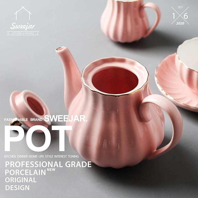 Sweejar Royal Teapot, Ceramic Tea Pot with Removable Stainless Steel Infuser, Blooming & Loose Leaf Teapot - 28 Ounce(Pink) - Bloomnest