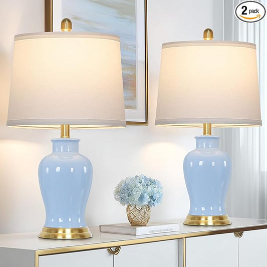 Blue Ceramic Table Lamps Set of 2, 23" Coastal Ceramic Lamps with Ginger Jar Design, Modern Bedside Lamp for Living Room End Table, Elegant Bedroom Lamp for Nightstand Desk Side Home Decor - Bloomnest
